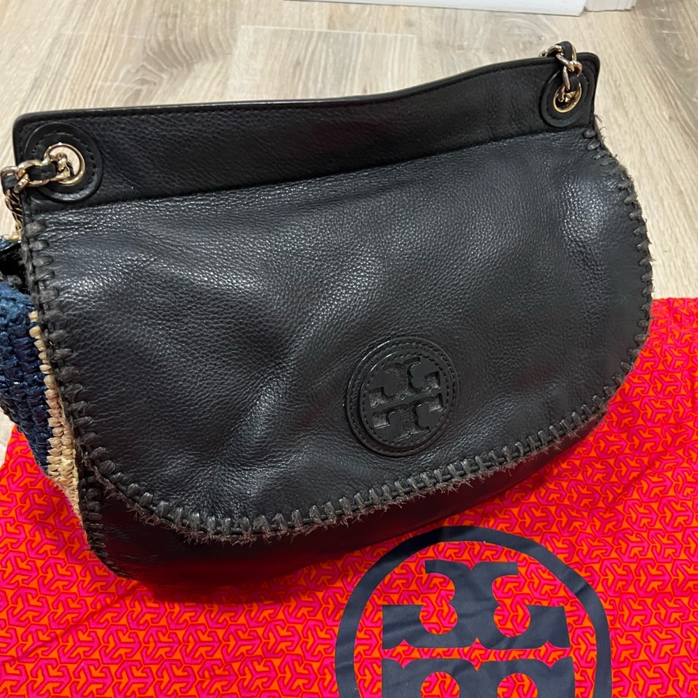 Tory Burch Marion Saddle Bag Mixed Materials Leather Raffia Black Navy B…